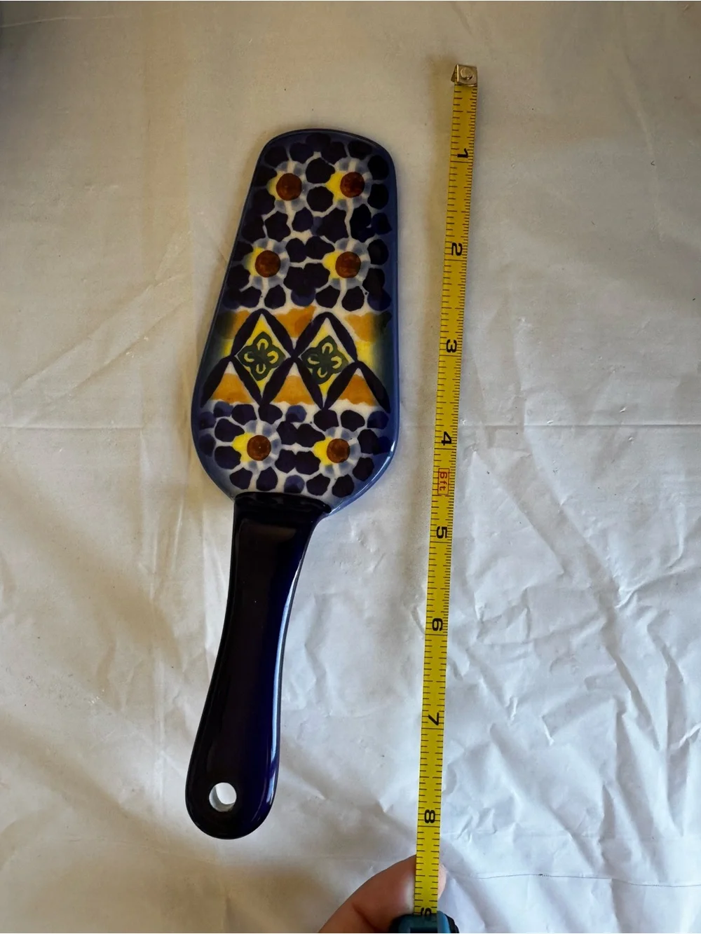 Polish Pottery Ceramic Pie Server Blue, Yellow & Green Floral Design